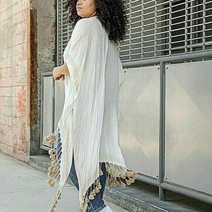 Bohemian Longline Tassel Border Kimono -White OS